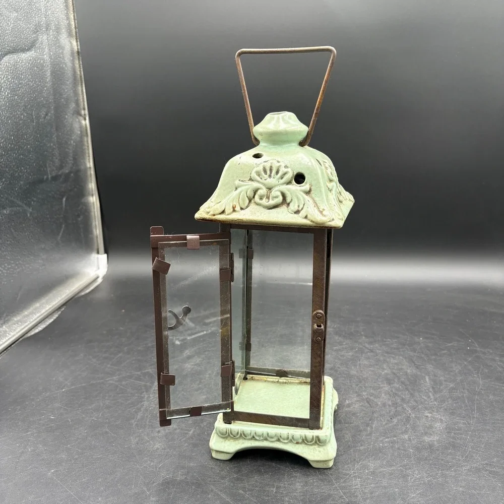 Vtg Heavy Sage Green Ceramic and Metal Glass Candle Lantern Rustic Decor Patina